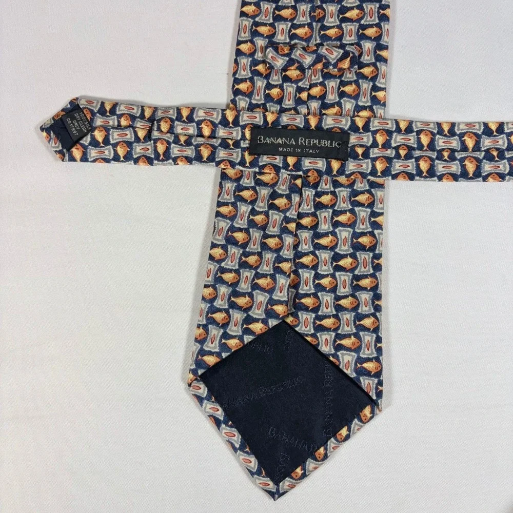 Vintage 90s Banana‎ Republic Silk Fish Tie Navy Orange Novelty Tie Grandpacore